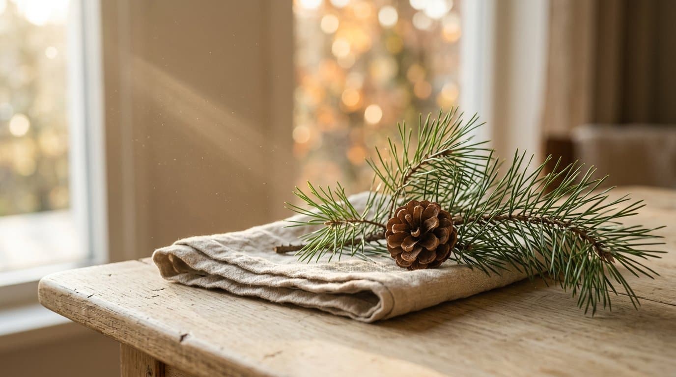 Tannenzweige am Fenster mit Schneeflocken