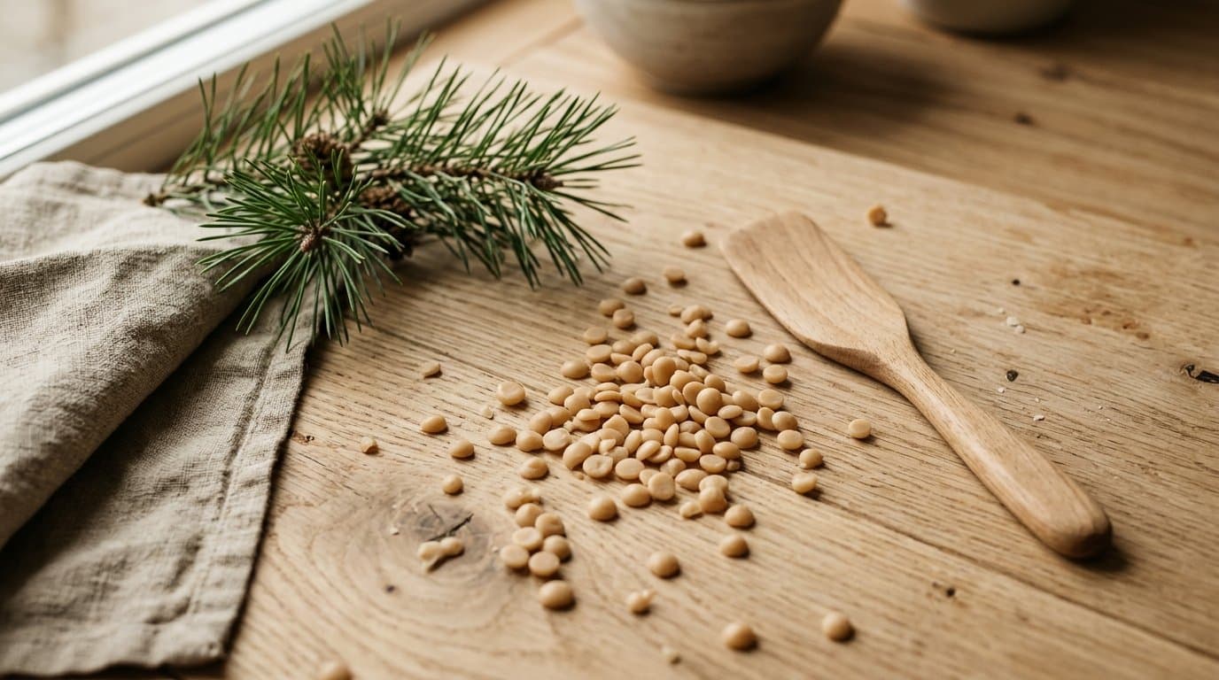 Wachs-Pastillen und Holzlöffel beim Kerzengießen