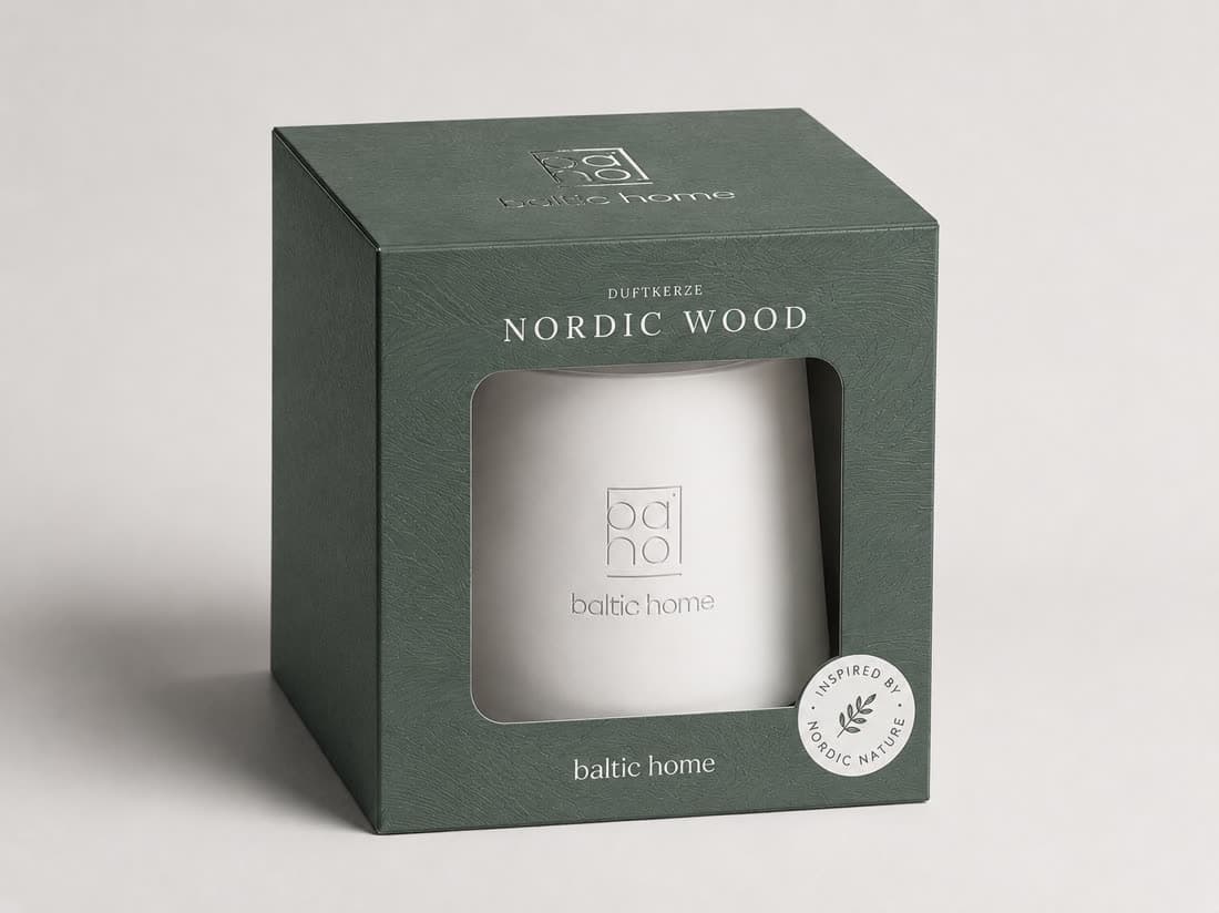 Duftkerze Nordic Wood von Baltic Home in der grünen Faltschachtel